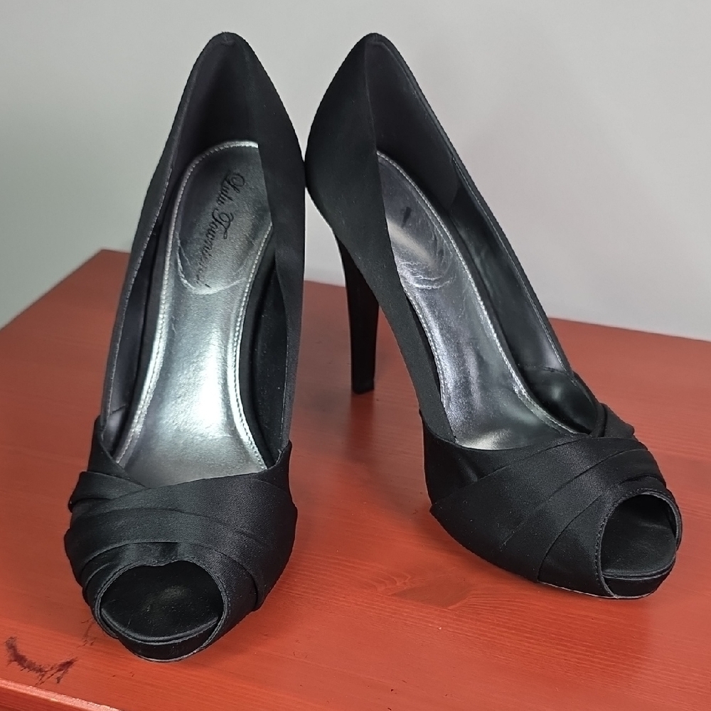 Lulu Townsend Black Satin Peep-Toe Heels
